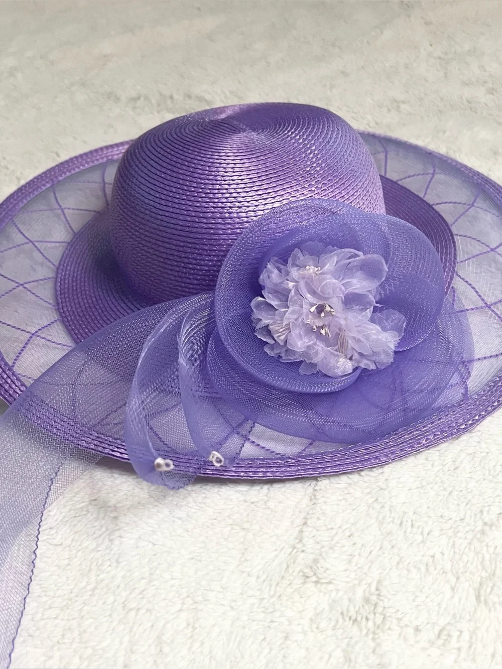 Vintage Lord & Taylor Lavender Purple Wide Brim Floral Fascinator Derby Hat